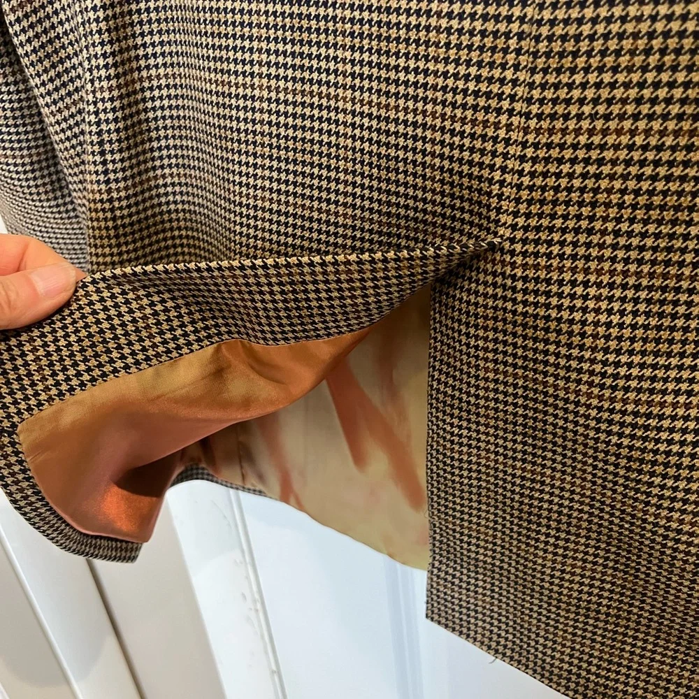Alan Flusser Worsted Wool Houndstooth Blazer Jacket Sz 46R Tan/ Brown Academia